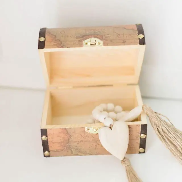 Alt view image 5 of 7 - 6 inch Wooden Treasure Chest Box, Wooden Box with Hinged Lid, Wooden Boxes for Crafts/Wedding Treasure Decor