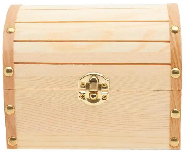 Alt view image 3 of 7 - 6 inch Wooden Treasure Chest Box, Wooden Box with Hinged Lid, Wooden Boxes for Crafts/Wedding Treasure Decor