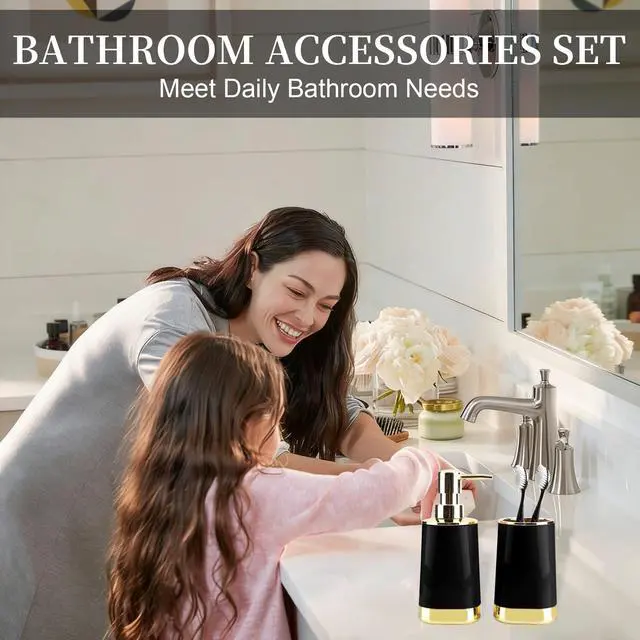 Alt view image 2 of 7 - 2PCS Bathroom Accessories Set, Black Soap Dispenser and Toothbrush Holder
