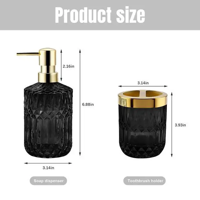 Alt view image 2 of 7 - 2Pcs Black Bathroom Accessories Set, Glass Bathroom Accessories, Vintage Bathroom Countertop Decoration Includes Soap Dispenser, Toothbrush Holder