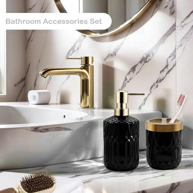 Alt view image 4 of 7 - 2Pcs Black Bathroom Accessories Set, Glass Bathroom Accessories, Vintage Bathroom Countertop Decoration Includes Soap Dispenser, Toothbrush Holder
