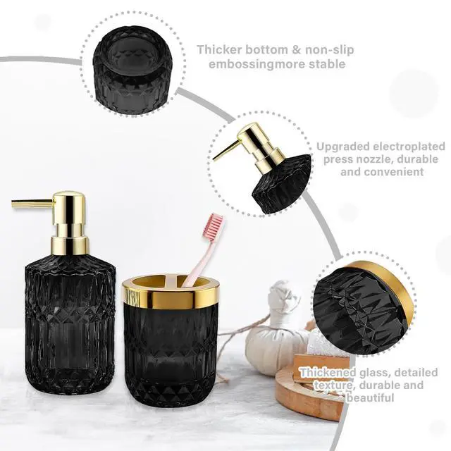 Alt view image 3 of 7 - 2Pcs Black Bathroom Accessories Set, Glass Bathroom Accessories, Vintage Bathroom Countertop Decoration Includes Soap Dispenser, Toothbrush Holder
