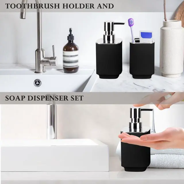 Alt view image 3 of 6 - Black Bathroom Accessories 2 Pieces, Soap Dispenser and Toothbrush Holder Set for Boho Bathroom