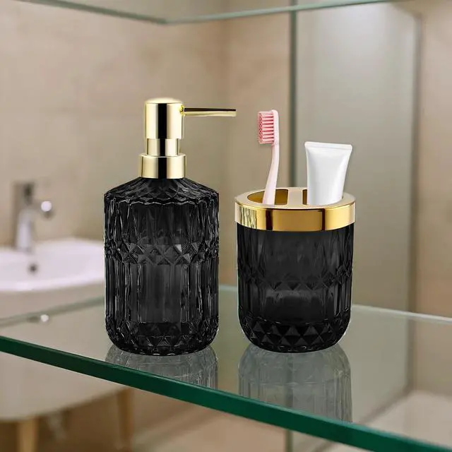 Alt view image 6 of 7 - 2Pcs Black Bathroom Accessories Set, Glass Bathroom Accessories, Vintage Bathroom Countertop Decoration Includes Soap Dispenser, Toothbrush Holder