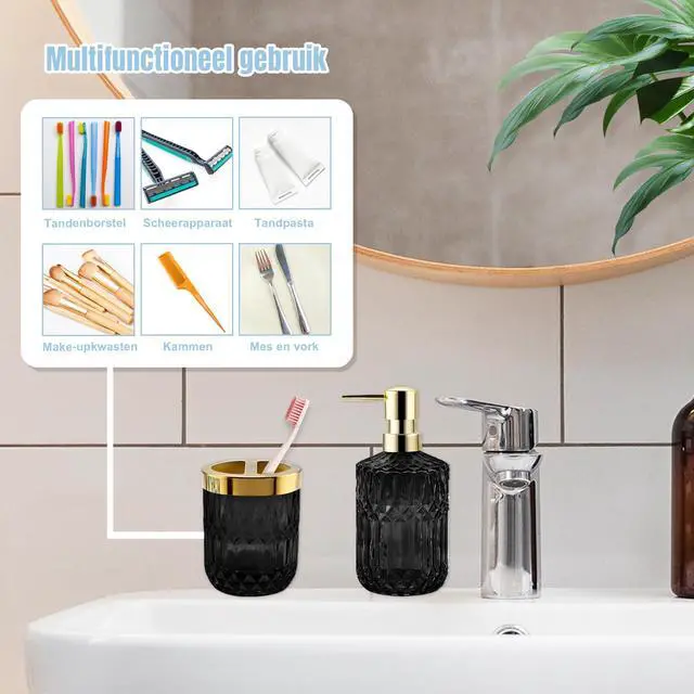Alt view image 5 of 7 - 2Pcs Black Bathroom Accessories Set, Glass Bathroom Accessories, Vintage Bathroom Countertop Decoration Includes Soap Dispenser, Toothbrush Holder