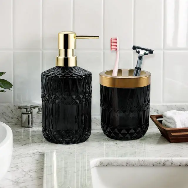 Alt view image 7 of 7 - 2Pcs Black Bathroom Accessories Set, Glass Bathroom Accessories, Vintage Bathroom Countertop Decoration Includes Soap Dispenser, Toothbrush Holder