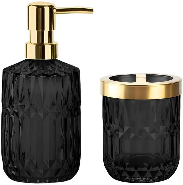 Main image of Glass Bathroom Accessories Set, 2PCS Glass Bathroom Accessory, Toothbrush Holder and Soap Dispenser Set for Modern Bathroom Decor(Black Gold)
