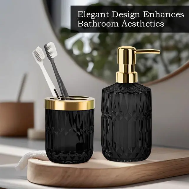 Alt view image 2 of 6 - Glass Bathroom Accessories Set, 2PCS Glass Bathroom Accessory, Toothbrush Holder and Soap Dispenser Set for Modern Bathroom Decor(Black Gold)