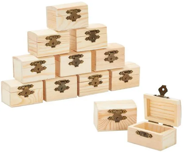 Main image of Wooden Boxes - 12-Pack, 2.3 x 1.5 x 1.5 In Natural Pinewood - Unfinished Wood Box With Hinged Lid & Metal Clasp for Crafts & Mini Treasure Chests