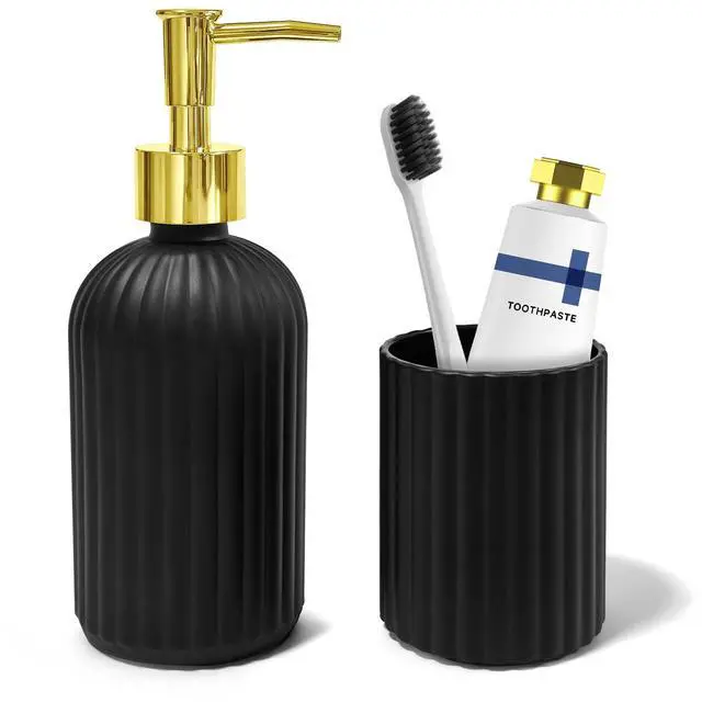 Main image of 2 PCS Glass Bathroom Accessories Set, Glass Bathroom Set, Soap Dispenser and Toothbrush Holder Set, Vintage Bathroom DecorBlack
