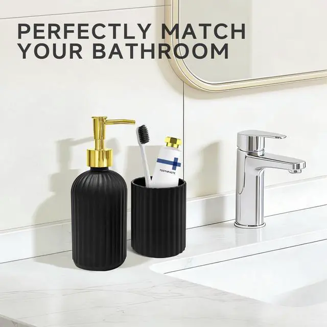 Alt view image 2 of 6 - 2 PCS Glass Bathroom Accessories Set, Glass Bathroom Set, Soap Dispenser and Toothbrush Holder Set, Vintage Bathroom DecorBlack