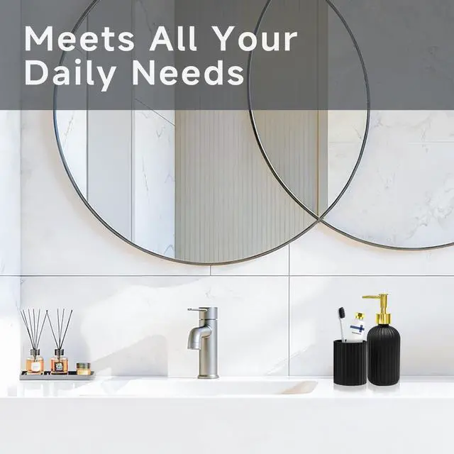 Alt view image 6 of 6 - 2 PCS Glass Bathroom Accessories Set, Glass Bathroom Set, Soap Dispenser and Toothbrush Holder Set, Vintage Bathroom DecorBlack