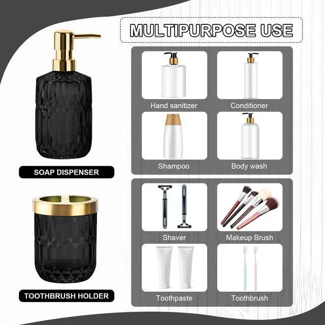 Alt view image 3 of 6 - Glass Bathroom Accessories Set, 2PCS Glass Bathroom Accessory, Toothbrush Holder and Soap Dispenser Set for Modern Bathroom Decor(Black Gold)