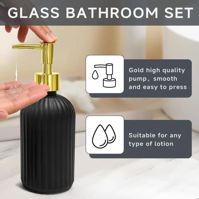 Alt view image 5 of 6 - 2 PCS Glass Bathroom Accessories Set, Glass Bathroom Set, Soap Dispenser and Toothbrush Holder Set, Vintage Bathroom DecorBlack