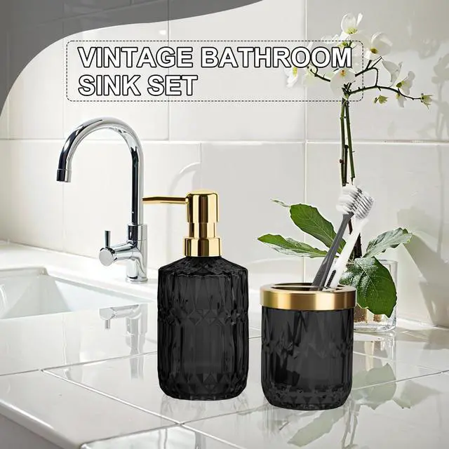 Alt view image 4 of 6 - Glass Bathroom Accessories Set, 2PCS Glass Bathroom Accessory, Toothbrush Holder and Soap Dispenser Set for Modern Bathroom Decor(Black Gold)