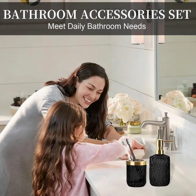 Alt view image 5 of 6 - Glass Bathroom Accessories Set, 2PCS Glass Bathroom Accessory, Toothbrush Holder and Soap Dispenser Set for Modern Bathroom Decor(Black Gold)