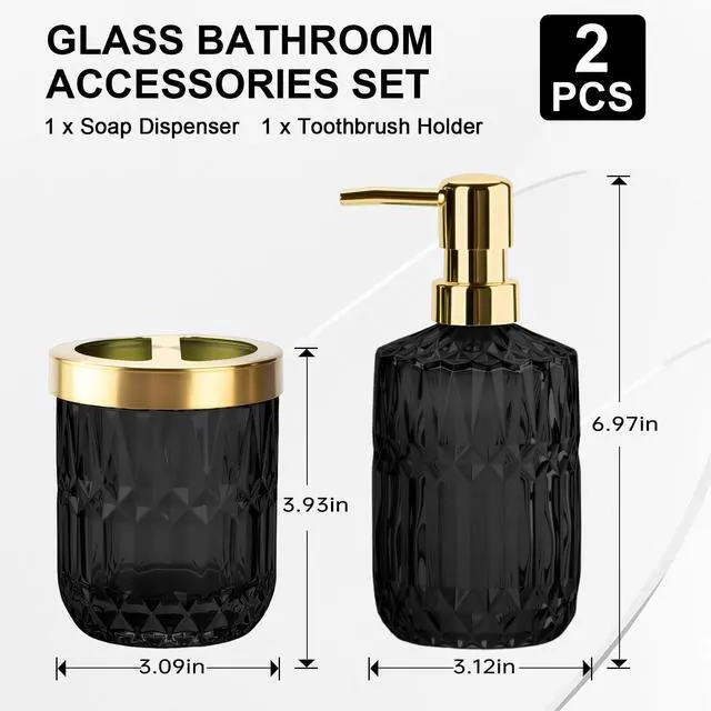 Alt view image 6 of 6 - Glass Bathroom Accessories Set, 2PCS Glass Bathroom Accessory, Toothbrush Holder and Soap Dispenser Set for Modern Bathroom Decor(Black Gold)