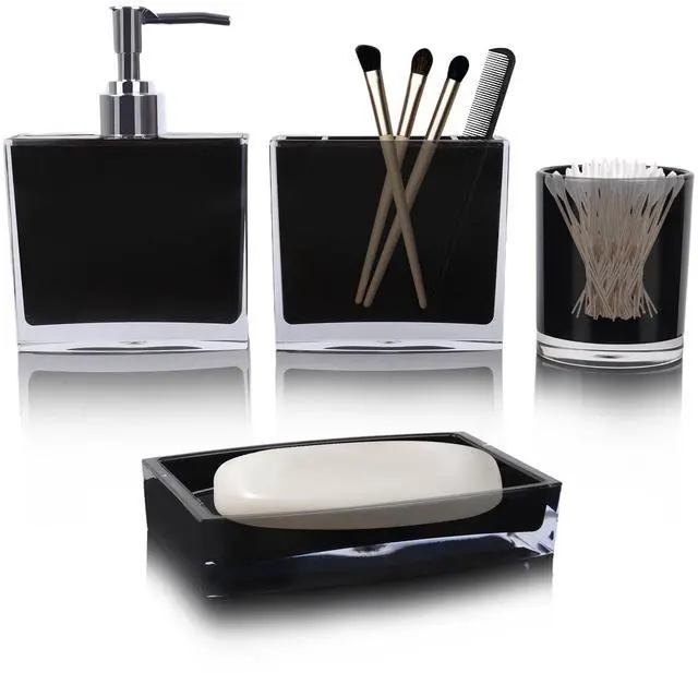 Main image of 4-Piece Sleek Black Acrylic Bathroom Accessories Set Soap Dispenser, Toothbrush Holder, Soap Dish & Mouthwash Cup, Vanity Countertop Organizer for Modern Black Bathroom Decor