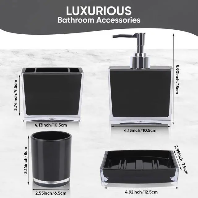 Alt view image 2 of 7 - 4-Piece Sleek Black Acrylic Bathroom Accessories Set Soap Dispenser, Toothbrush Holder, Soap Dish & Mouthwash Cup, Vanity Countertop Organizer for Modern Black Bathroom Decor
