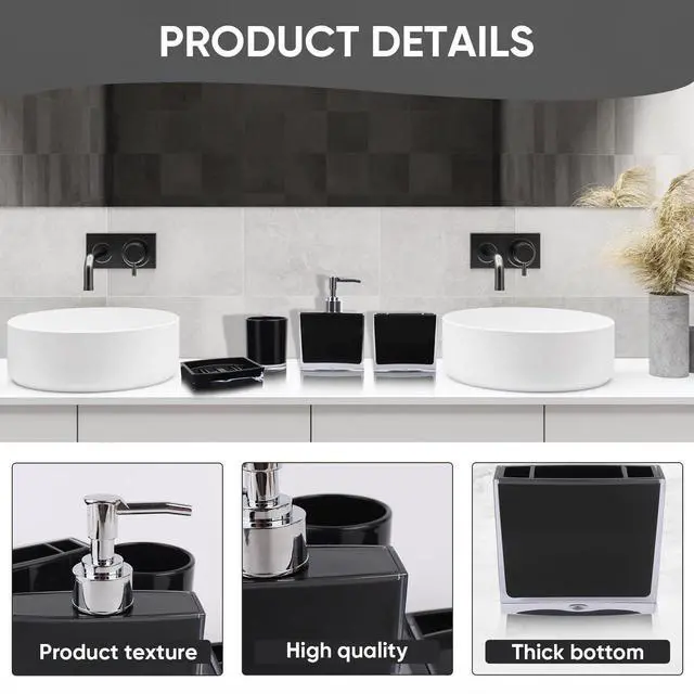 Alt view image 3 of 7 - 4-Piece Sleek Black Acrylic Bathroom Accessories Set Soap Dispenser, Toothbrush Holder, Soap Dish & Mouthwash Cup, Vanity Countertop Organizer for Modern Black Bathroom Decor