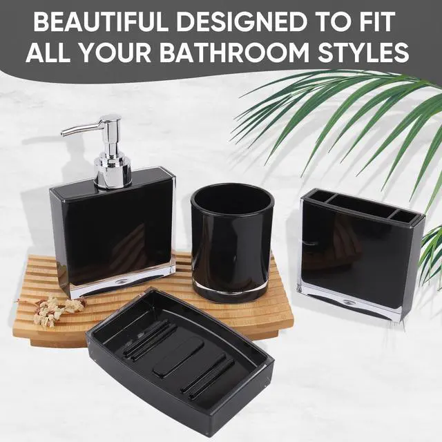 Alt view image 4 of 7 - 4-Piece Sleek Black Acrylic Bathroom Accessories Set Soap Dispenser, Toothbrush Holder, Soap Dish & Mouthwash Cup, Vanity Countertop Organizer for Modern Black Bathroom Decor