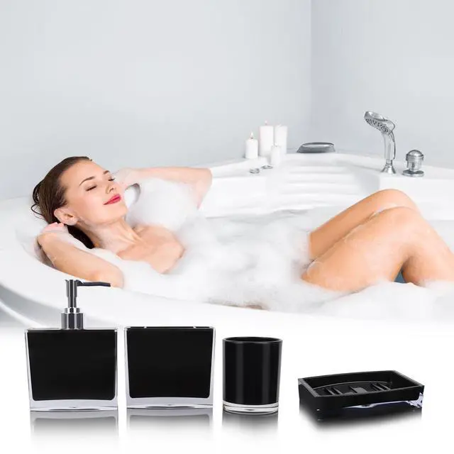 Alt view image 6 of 7 - 4-Piece Sleek Black Acrylic Bathroom Accessories Set Soap Dispenser, Toothbrush Holder, Soap Dish & Mouthwash Cup, Vanity Countertop Organizer for Modern Black Bathroom Decor