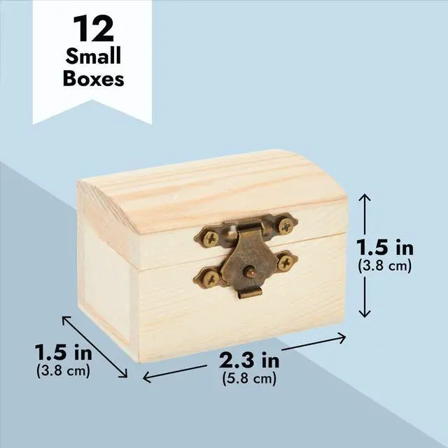 Alt view image 5 of 7 - Wooden Boxes - 12-Pack, 2.3 x 1.5 x 1.5 In Natural Pinewood - Unfinished Wood Box With Hinged Lid & Metal Clasp for Crafts & Mini Treasure Chests