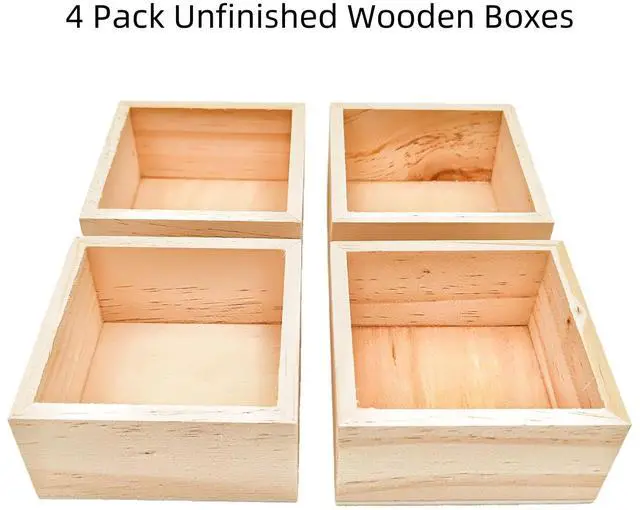 Alt view image 2 of 7 - 4 Pack Unfinished Wooden Craft Storage Organiser Boxes, 3 x 3 x 1.6 inch Small Square Wood Box, Rustic Natural Wood Container Box for Home Venue Decor