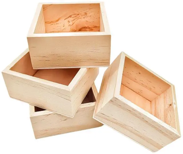 Alt view image 4 of 7 - 4 Pack Unfinished Wooden Craft Storage Organiser Boxes, 3 x 3 x 1.6 inch Small Square Wood Box, Rustic Natural Wood Container Box for Home Venue Decor