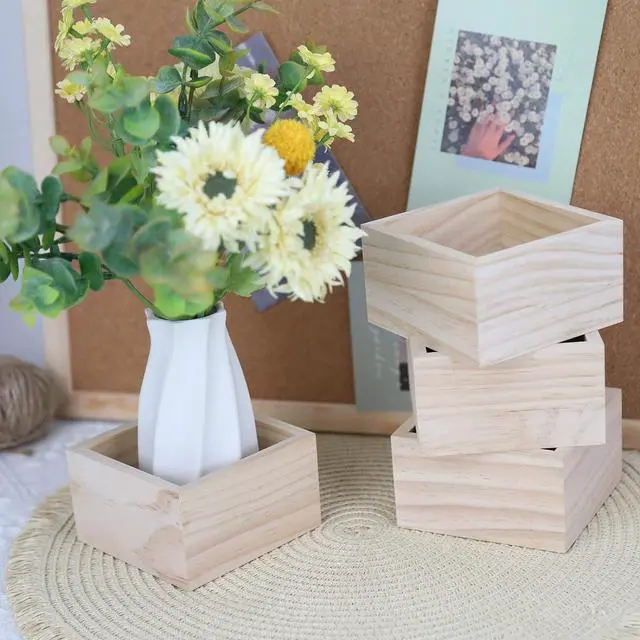 Alt view image 6 of 7 - 4 Pack Unfinished Wooden Craft Storage Organiser Boxes, 3 x 3 x 1.6 inch Small Square Wood Box, Rustic Natural Wood Container Box for Home Venue Decor