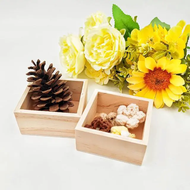 Alt view image 5 of 7 - 4 Pack Unfinished Wooden Craft Storage Organiser Boxes, 3 x 3 x 1.6 inch Small Square Wood Box, Rustic Natural Wood Container Box for Home Venue Decor