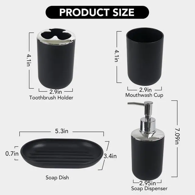 Alt view image 3 of 7 - Matte Black Bathroom Accessories Set, 4 Piece Plastic Bathroom Toothbrush Holder Set, Include Soap Dispenser, Toothbrush Holder, Rinse Cup, Soap Dish, Boho Black Bathroom Decor for Home, Bathroom Set