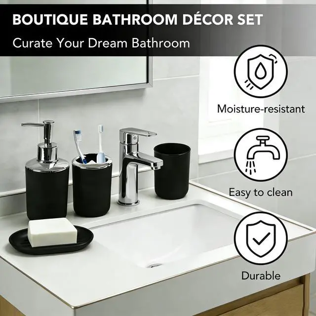 Alt view image 4 of 7 - Matte Black Bathroom Accessories Set, 4 Piece Plastic Bathroom Toothbrush Holder Set, Include Soap Dispenser, Toothbrush Holder, Rinse Cup, Soap Dish, Boho Black Bathroom Decor for Home, Bathroom Set