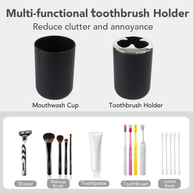 Alt view image 6 of 7 - Matte Black Bathroom Accessories Set, 4 Piece Plastic Bathroom Toothbrush Holder Set, Include Soap Dispenser, Toothbrush Holder, Rinse Cup, Soap Dish, Boho Black Bathroom Decor for Home, Bathroom Set