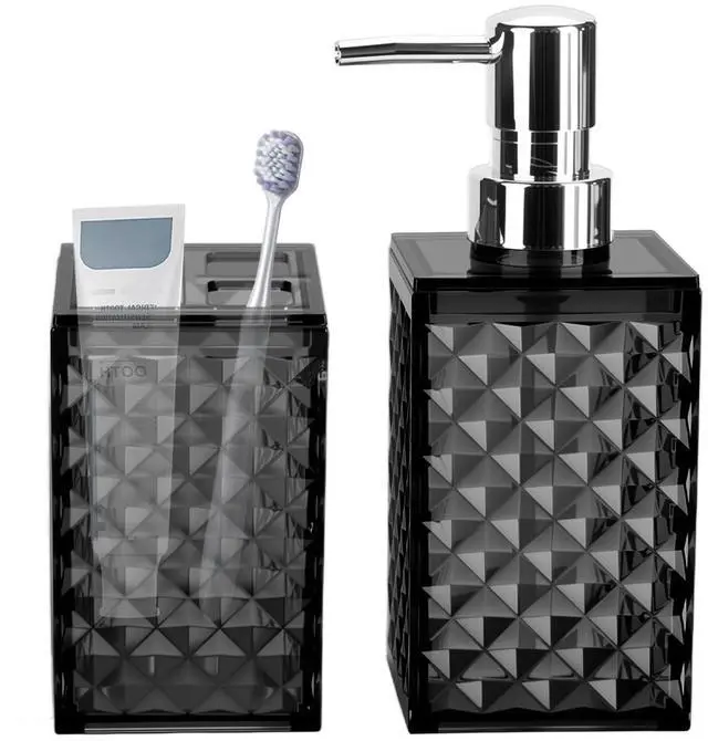 Main image of Bathroom Accessories Set 2 PCS, Black Bathroom Accessories Include Soap Dispenser and Toothbrush Holder, Diamond Pattern Bathroom Set for Boho Bathroom Decor