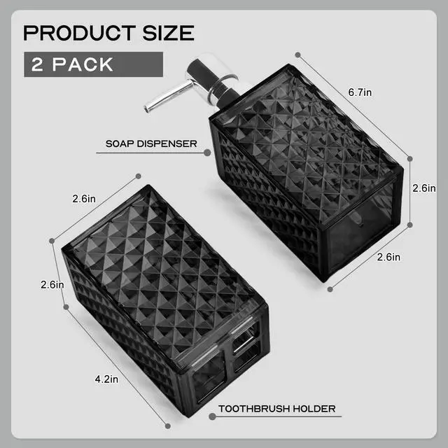 Alt view image 2 of 6 - Bathroom Accessories Set 2 PCS, Black Bathroom Accessories Include Soap Dispenser and Toothbrush Holder, Diamond Pattern Bathroom Set for Boho Bathroom Decor