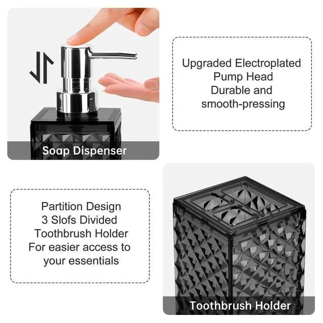 Alt view image 3 of 6 - Bathroom Accessories Set 2 PCS, Black Bathroom Accessories Include Soap Dispenser and Toothbrush Holder, Diamond Pattern Bathroom Set for Boho Bathroom Decor