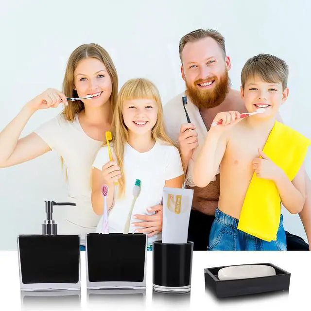 Alt view image 7 of 7 - 4-Piece Sleek Black Acrylic Bathroom Accessories Set Soap Dispenser, Toothbrush Holder, Soap Dish & Mouthwash Cup, Vanity Countertop Organizer for Modern Black Bathroom Decor