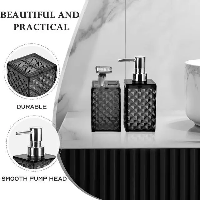 Alt view image 4 of 6 - Bathroom Accessories Set 2 PCS, Black Bathroom Accessories Include Soap Dispenser and Toothbrush Holder, Diamond Pattern Bathroom Set for Boho Bathroom Decor