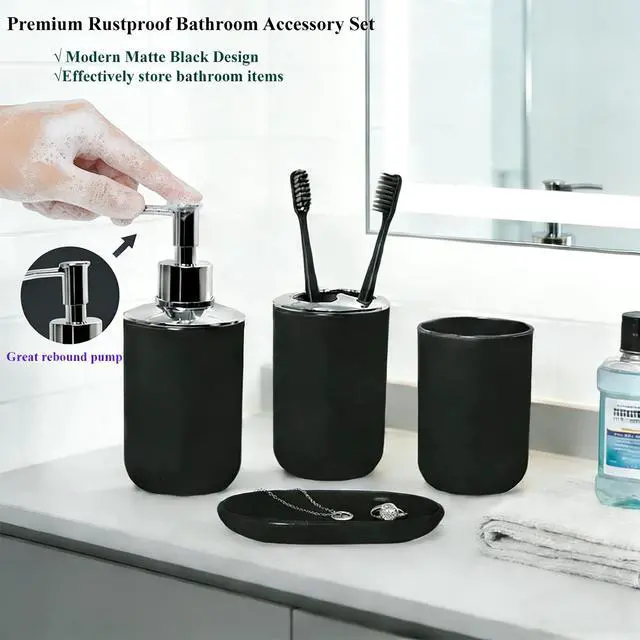 Alt view image 5 of 7 - Matte Black Bathroom Accessories Set, 4 Piece Plastic Bathroom Toothbrush Holder Set, Include Soap Dispenser, Toothbrush Holder, Rinse Cup, Soap Dish, Boho Black Bathroom Decor for Home, Bathroom Set