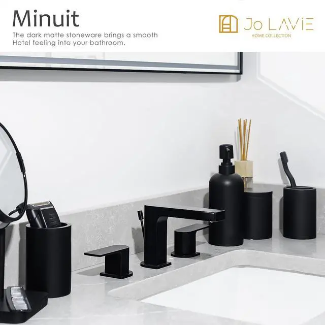 Alt view image 2 of 6 - Bathroom Accessory Set - 4 Pcs Matte Black Bathroom Set with Toothbrush Holder, Soap Dispenser, Tumbler & Cotton Swab Jar - Bathroom Vanity Countertop Organizer, Bathroom Decor Sets