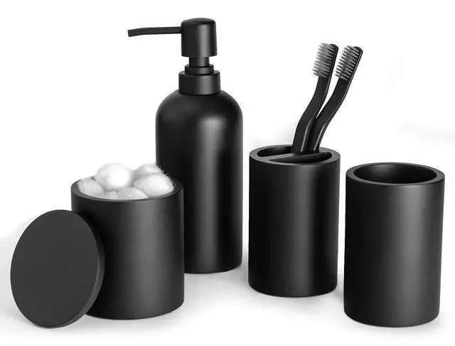 Main image of Bathroom Accessory Set - 4 Pcs Matte Black Bathroom Set with Toothbrush Holder, Soap Dispenser, Tumbler & Cotton Swab Jar - Bathroom Vanity Countertop Organizer, Bathroom Decor Sets