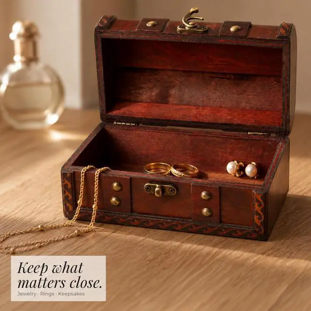Alt view image 3 of 7 - Mini Wooden Treasure Chest, Engineered Wood Pirate Chest Decorative Box for Jewelry, Coins, Small Collectibles and Keepsakes, Vintage Rustic Antique Style Storage Wood Chest (6.7 x 3.9 x 3.9 Inch)