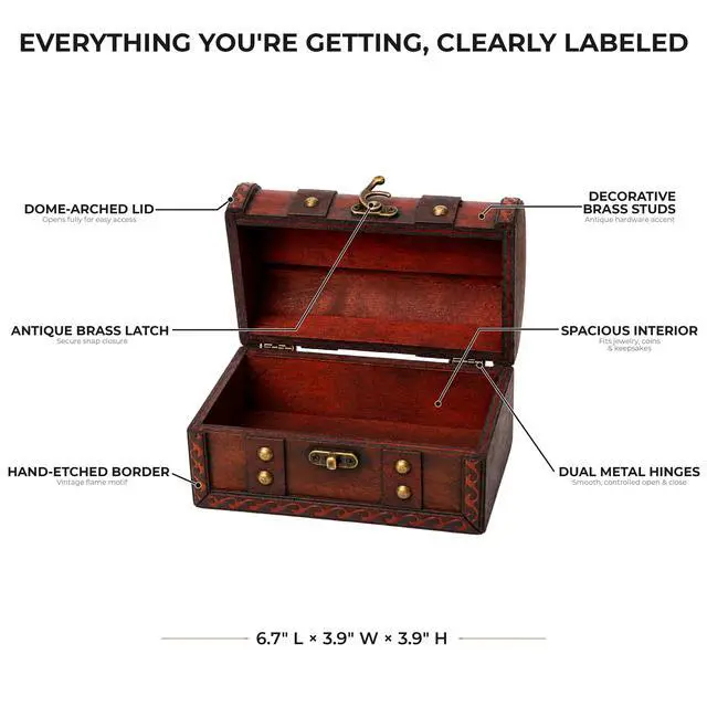 Alt view image 2 of 7 - Mini Wooden Treasure Chest, Engineered Wood Pirate Chest Decorative Box for Jewelry, Coins, Small Collectibles and Keepsakes, Vintage Rustic Antique Style Storage Wood Chest (6.7 x 3.9 x 3.9 Inch)