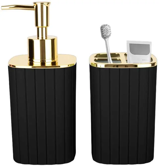 Main image of 2PCS Bathroom Accessories Set, Black and Gold Bathroom Accessories Include Soap Dispenser and Toothbrush Holder for Boho Bathroom Decor