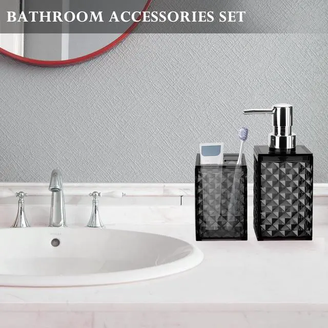 Alt view image 5 of 6 - Bathroom Accessories Set 2 PCS, Black Bathroom Accessories Include Soap Dispenser and Toothbrush Holder, Diamond Pattern Bathroom Set for Boho Bathroom Decor