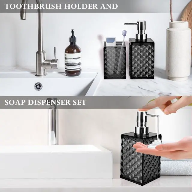 Alt view image 6 of 6 - Bathroom Accessories Set 2 PCS, Black Bathroom Accessories Include Soap Dispenser and Toothbrush Holder, Diamond Pattern Bathroom Set for Boho Bathroom Decor