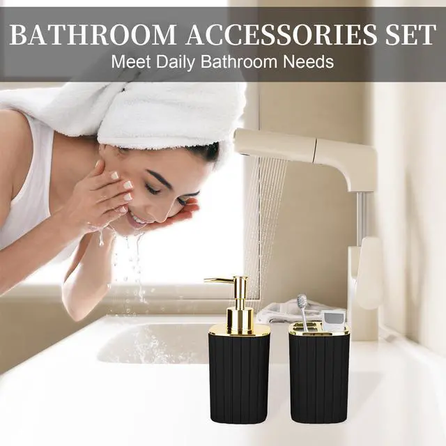 Alt view image 2 of 7 - 2PCS Bathroom Accessories Set, Black and Gold Bathroom Accessories Include Soap Dispenser and Toothbrush Holder for Boho Bathroom Decor