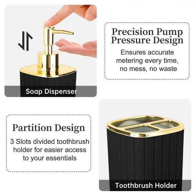 Alt view image 3 of 7 - 2PCS Bathroom Accessories Set, Black and Gold Bathroom Accessories Include Soap Dispenser and Toothbrush Holder for Boho Bathroom Decor