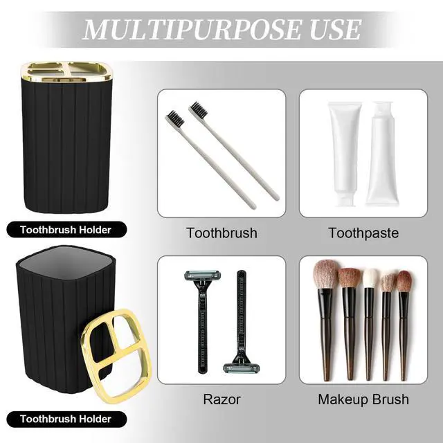 Alt view image 4 of 7 - 2PCS Bathroom Accessories Set, Black and Gold Bathroom Accessories Include Soap Dispenser and Toothbrush Holder for Boho Bathroom Decor